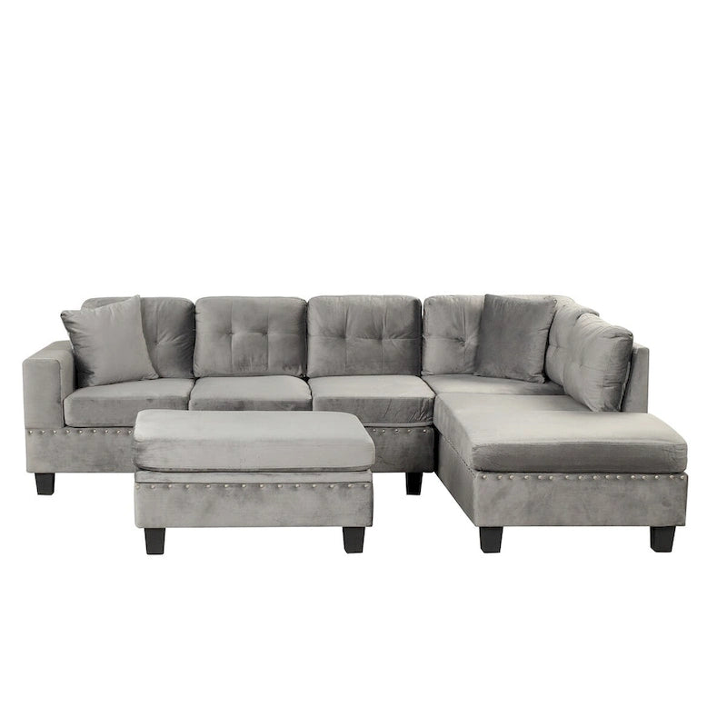 Divano sezionale a L con pouf contenitore, chaise longue reversibile, grigio chiaro/grigio, 3-4 posti a sedere
