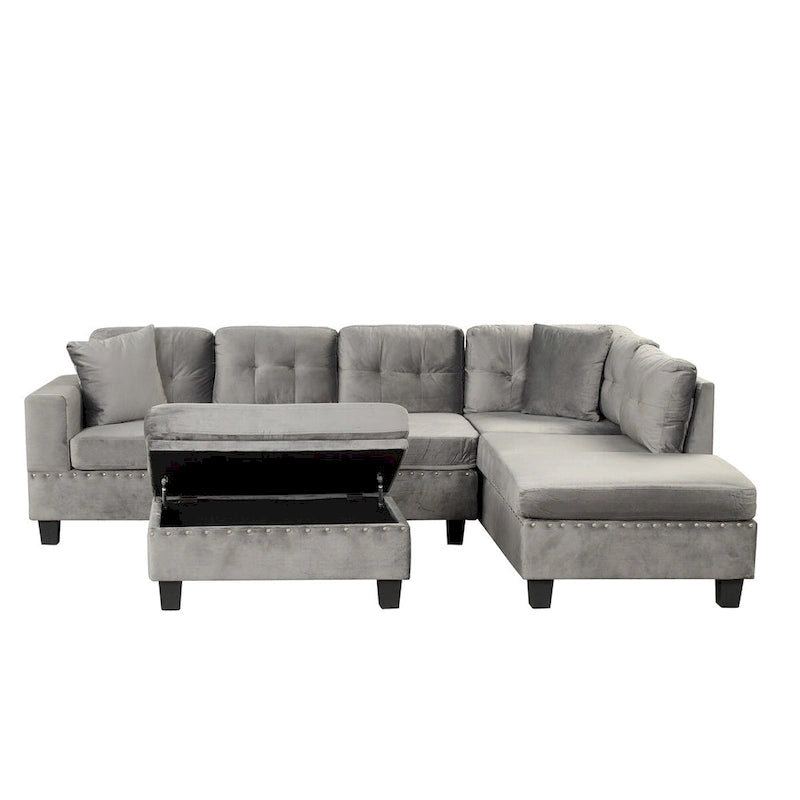 Divano sezionale a L con pouf contenitore, chaise longue reversibile, grigio chiaro/grigio, 3-4 posti a sedere