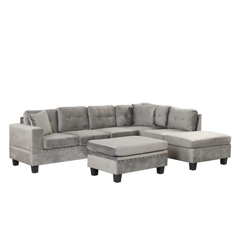 Divano sezionale a L con pouf contenitore, chaise longue reversibile, grigio chiaro/grigio, 3-4 posti a sedere