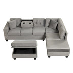 Divano sezionale a L con pouf contenitore, chaise longue reversibile, grigio chiaro/grigio, 3-4 posti a sedere