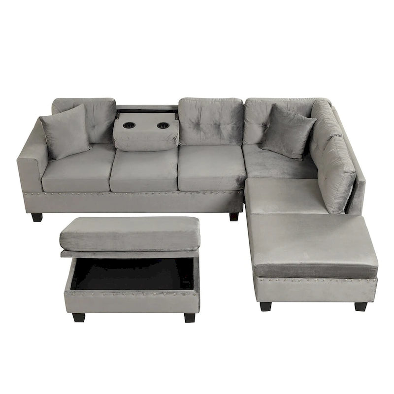 Divano sezionale a L con pouf contenitore, chaise longue reversibile, grigio chiaro/grigio, 3-4 posti a sedere