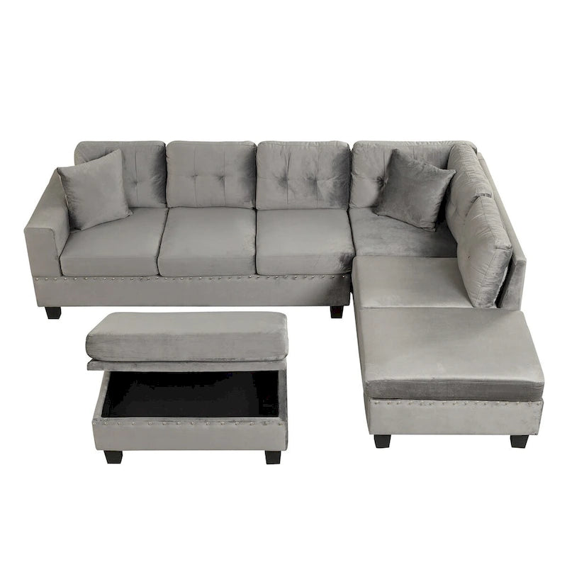 Divano sezionale a L con pouf contenitore, chaise longue reversibile, grigio chiaro/grigio, 3-4 posti a sedere