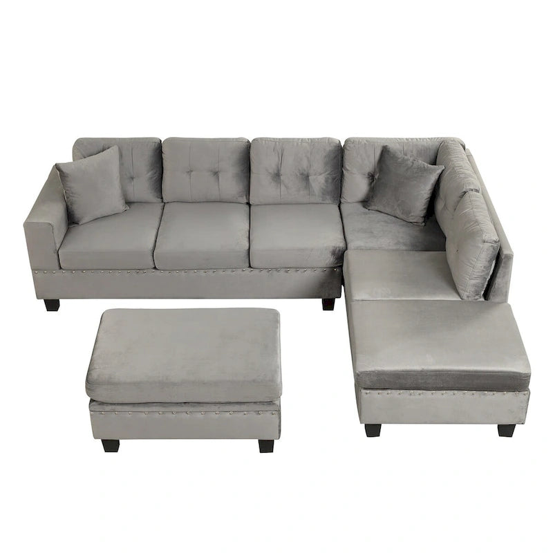 Divano sezionale a L con pouf contenitore, chaise longue reversibile, grigio chiaro/grigio, 3-4 posti a sedere