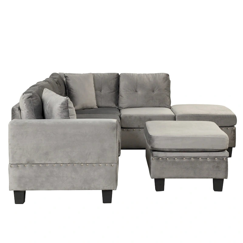 Divano sezionale a L con pouf contenitore, chaise longue reversibile, grigio chiaro/grigio, 3-4 posti a sedere