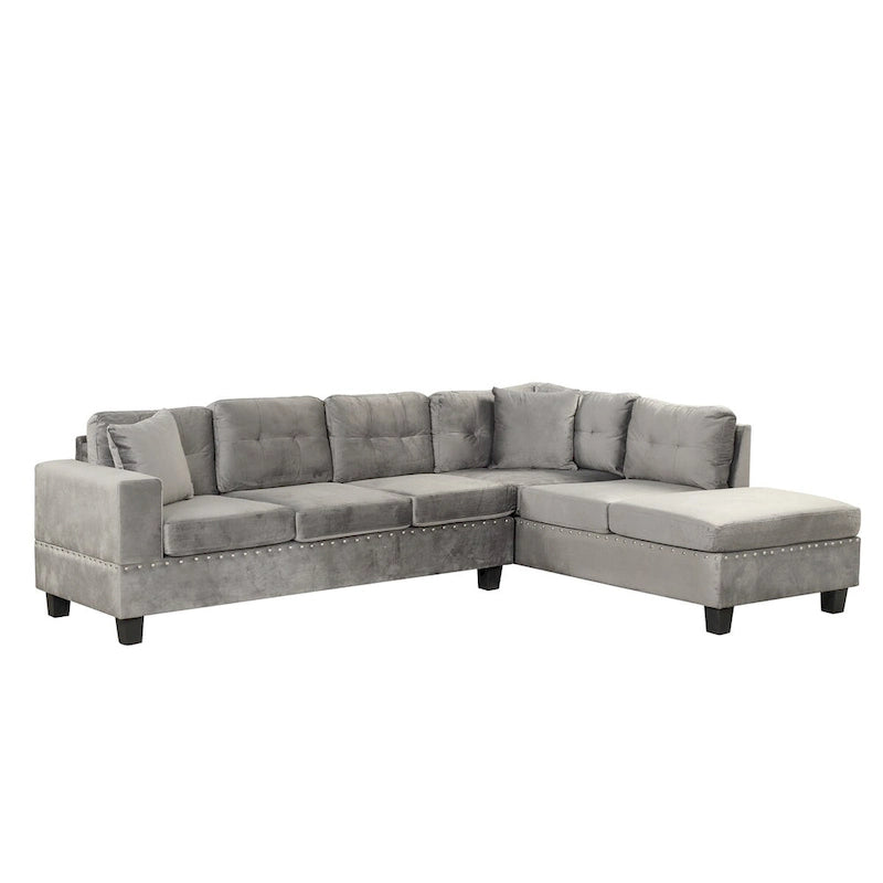 Divano sezionale a L con pouf contenitore, chaise longue reversibile, grigio chiaro/grigio, 3-4 posti a sedere