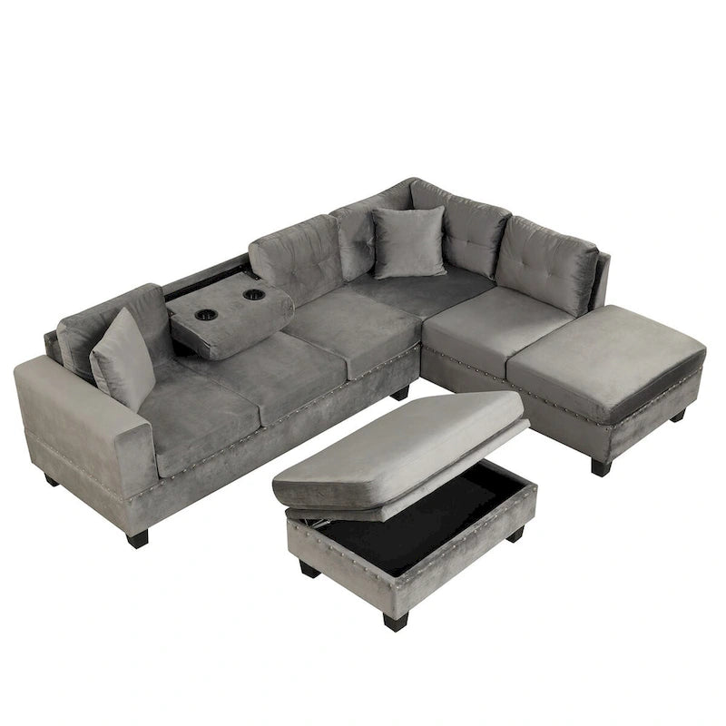 Divano sezionale a L con pouf contenitore, chaise longue reversibile, grigio chiaro/grigio, 3-4 posti a sedere
