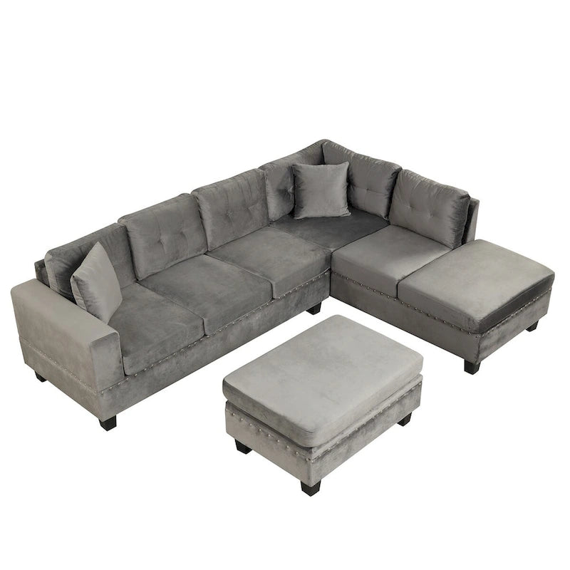 Divano sezionale a L con pouf contenitore, chaise longue reversibile, grigio chiaro/grigio, 3-4 posti a sedere