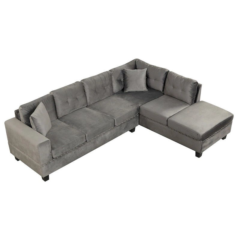 Divano sezionale a L con pouf contenitore, chaise longue reversibile, grigio chiaro/grigio, 3-4 posti a sedere