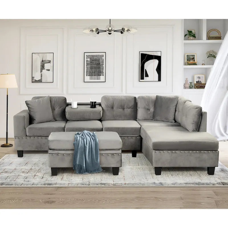 Divano sezionale a L con pouf contenitore, chaise longue reversibile, grigio chiaro/grigio, 3-4 posti a sedere
