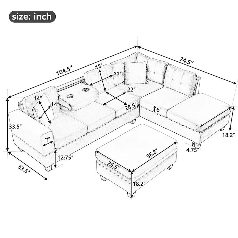 Divano sezionale a L con pouf contenitore, chaise longue reversibile, grigio chiaro/grigio, 3-4 posti a sedere