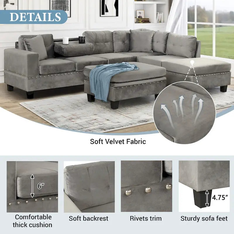 Divano sezionale a L con pouf contenitore, chaise longue reversibile, grigio chiaro/grigio, 3-4 posti a sedere