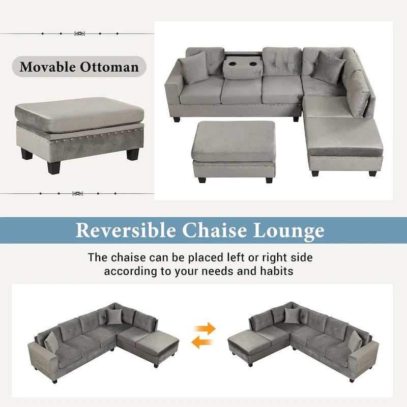 Divano sezionale a L con pouf contenitore, chaise longue reversibile, grigio chiaro/grigio, 3-4 posti a sedere