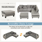 Divano sezionale a L con pouf contenitore, chaise longue reversibile, grigio chiaro/grigio, 3-4 posti a sedere