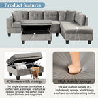 Divano sezionale a L con pouf contenitore, chaise longue reversibile, grigio chiaro/grigio, 3-4 posti a sedere