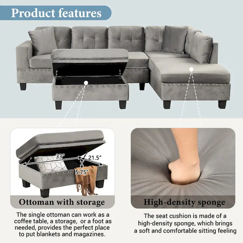 Divano sezionale a L con pouf contenitore, chaise longue reversibile, grigio chiaro/grigio, 3-4 posti a sedere
