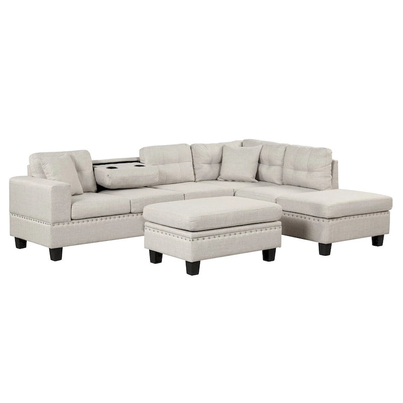 Divano sezionale a L con pouf contenitore, chaise longue reversibile, grigio chiaro/grigio, 3-4 posti a sedere