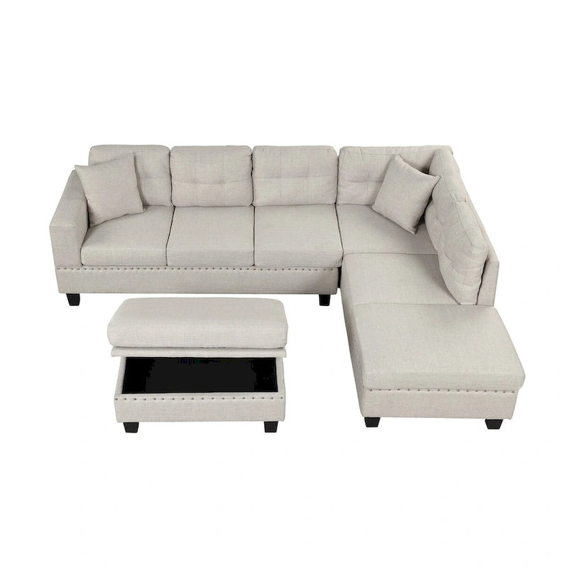 Divano sezionale a L con pouf contenitore, chaise longue reversibile, grigio chiaro/grigio, 3-4 posti a sedere