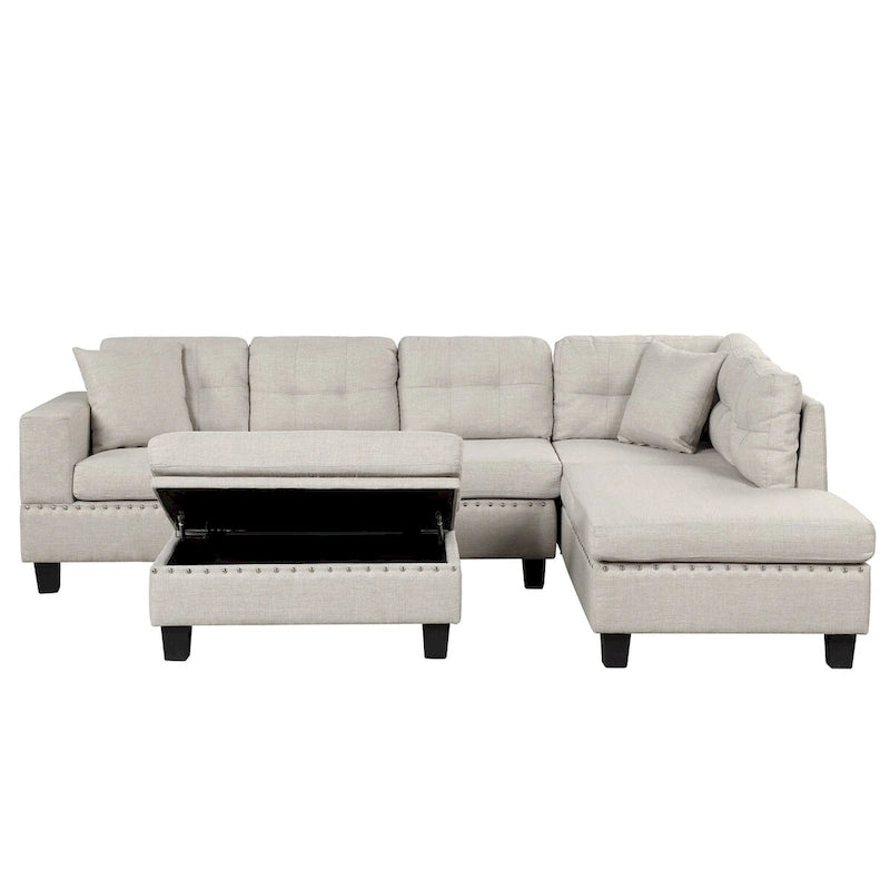 Divano sezionale a L con pouf contenitore, chaise longue reversibile, grigio chiaro/grigio, 3-4 posti a sedere