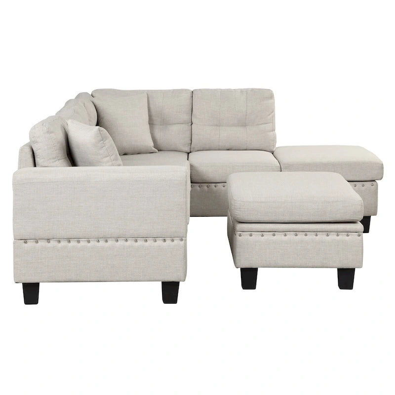 Divano sezionale a L con pouf contenitore, chaise longue reversibile, grigio chiaro/grigio, 3-4 posti a sedere