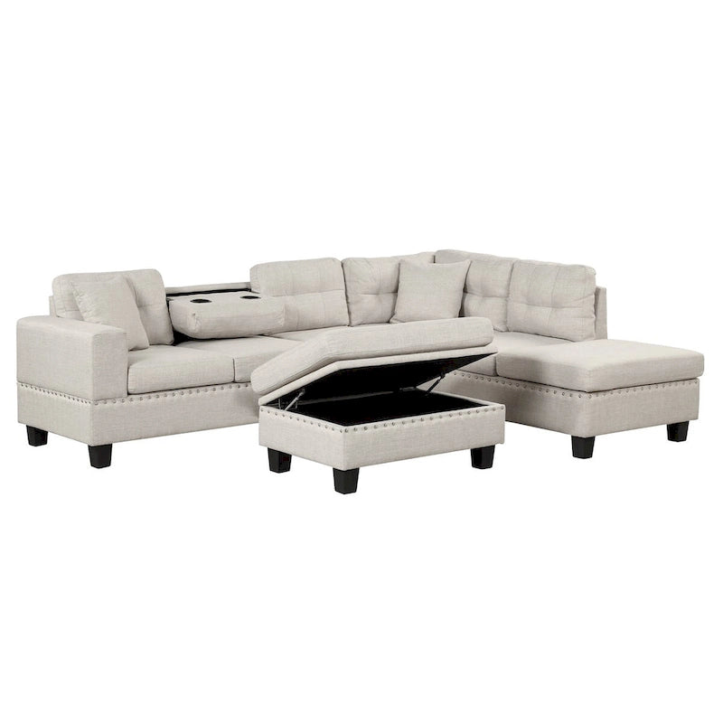 Divano sezionale a L con pouf contenitore, chaise longue reversibile, grigio chiaro/grigio, 3-4 posti a sedere