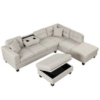 Divano sezionale a L con pouf contenitore, chaise longue reversibile, grigio chiaro/grigio, 3-4 posti a sedere