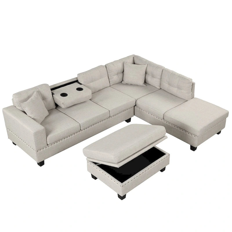Divano sezionale a L con pouf contenitore, chaise longue reversibile, grigio chiaro/grigio, 3-4 posti a sedere