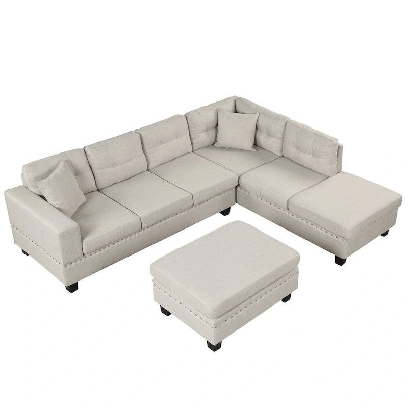Divano sezionale a L con pouf contenitore, chaise longue reversibile, grigio chiaro/grigio, 3-4 posti a sedere