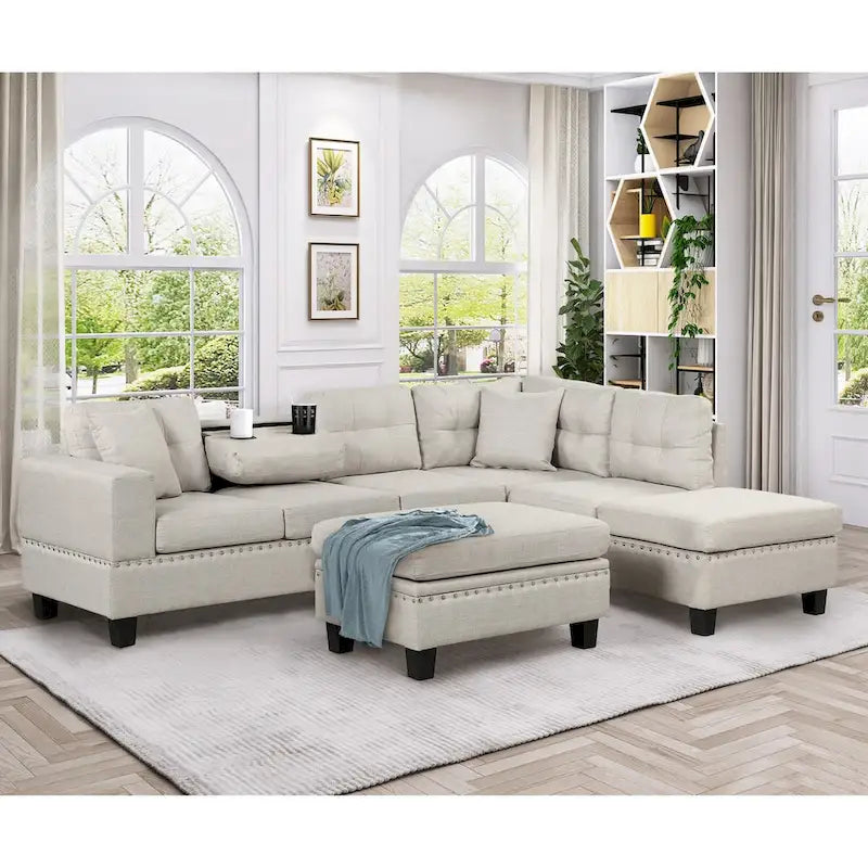Divano sezionale a L con pouf contenitore, chaise longue reversibile, grigio chiaro/grigio, 3-4 posti a sedere