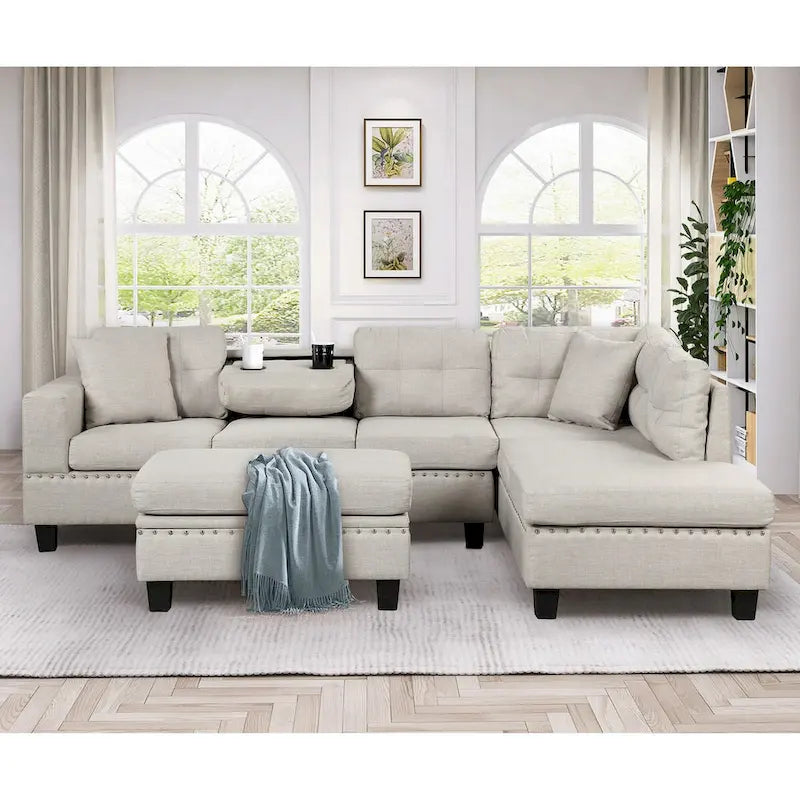 Divano sezionale a L con pouf contenitore, chaise longue reversibile, grigio chiaro/grigio, 3-4 posti a sedere
