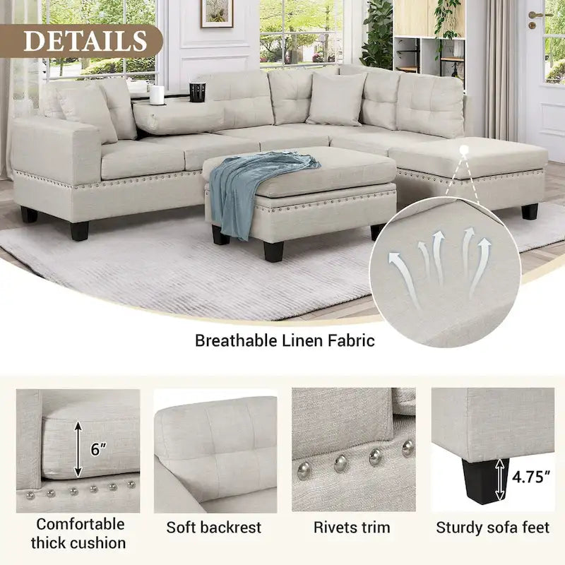 Divano sezionale a L con pouf contenitore, chaise longue reversibile, grigio chiaro/grigio, 3-4 posti a sedere
