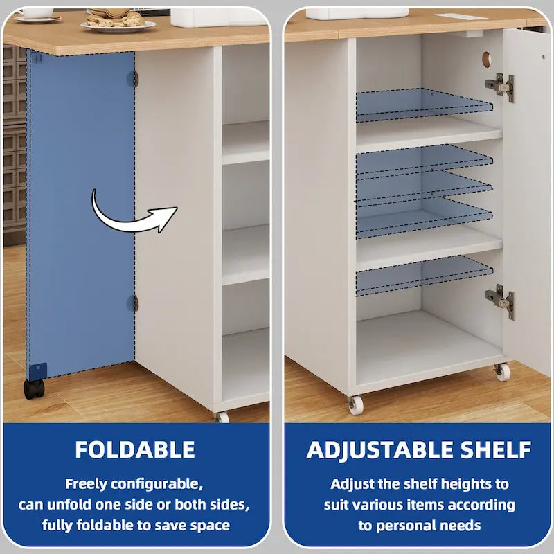 Isola Cucina Pieghevole Bianca e Rovere con Contenitori, Pattumiera e Presa Elettrica
