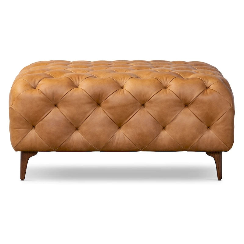 Pouf quadrato trapuntato color cuoio con gambe in legno, medio (1 posto)