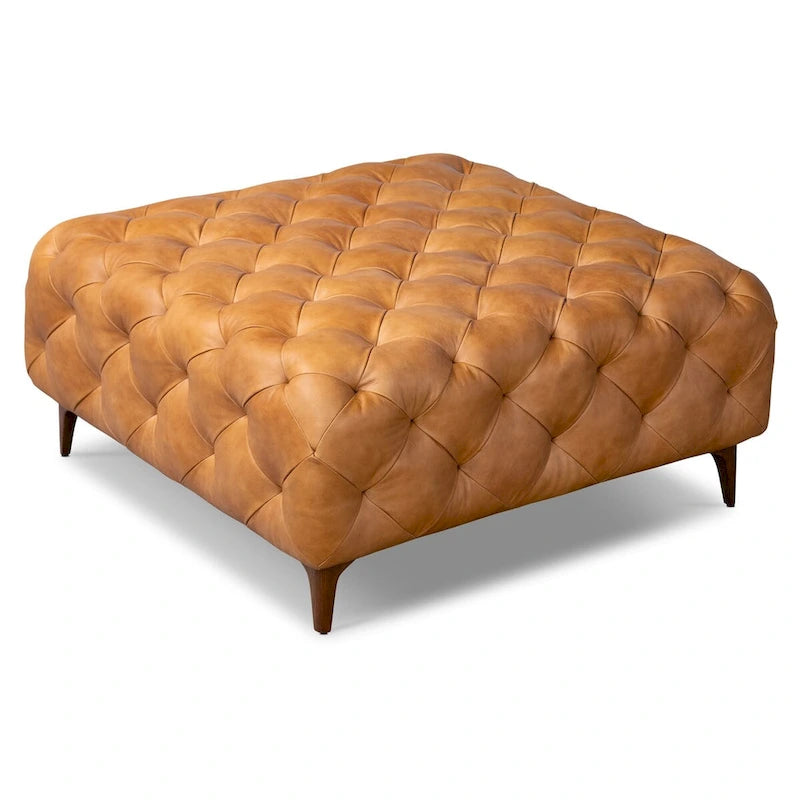 Pouf quadrato trapuntato color cuoio con gambe in legno, medio (1 posto)