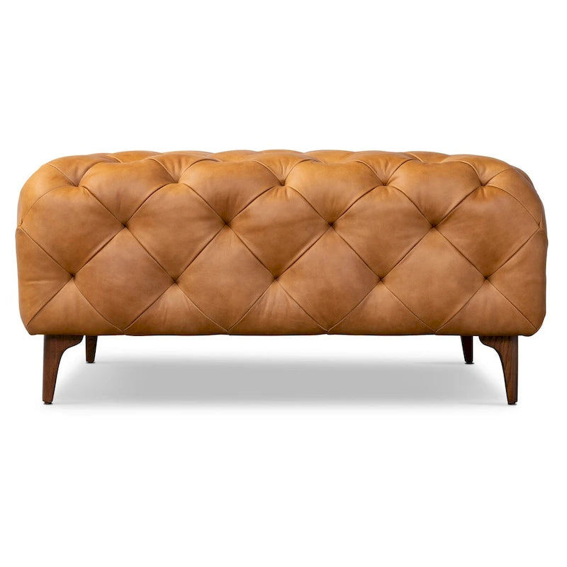 Pouf quadrato trapuntato color cuoio con gambe in legno, medio (1 posto)