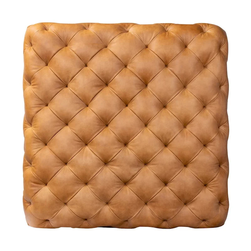 Pouf quadrato trapuntato color cuoio con gambe in legno, medio (1 posto)