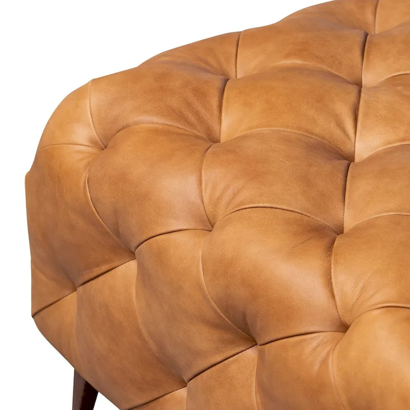 Pouf quadrato trapuntato color cuoio con gambe in legno, medio (1 posto)