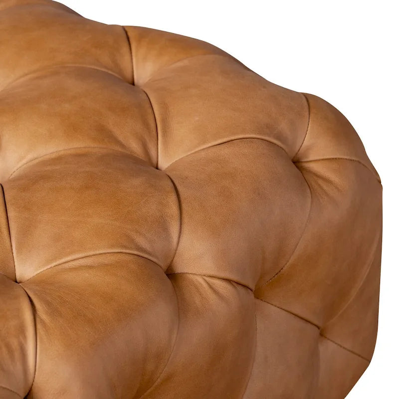 Pouf quadrato trapuntato color cuoio con gambe in legno, medio (1 posto)