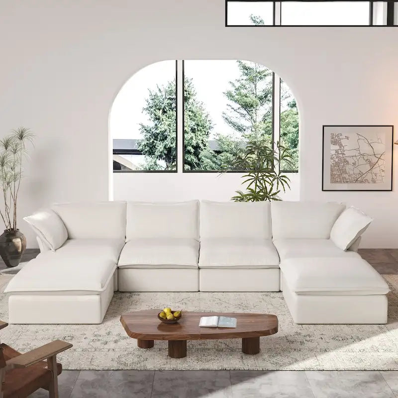 Divano Sezionale Modulare a U Beige / Bianco / Nero, Rivestimento in Lino, 6–8 Posti