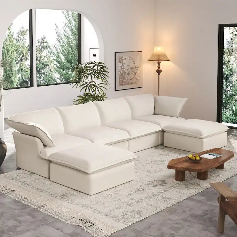 Divano Sezionale Modulare a U Beige / Bianco / Nero, Rivestimento in Lino, 6–8 Posti