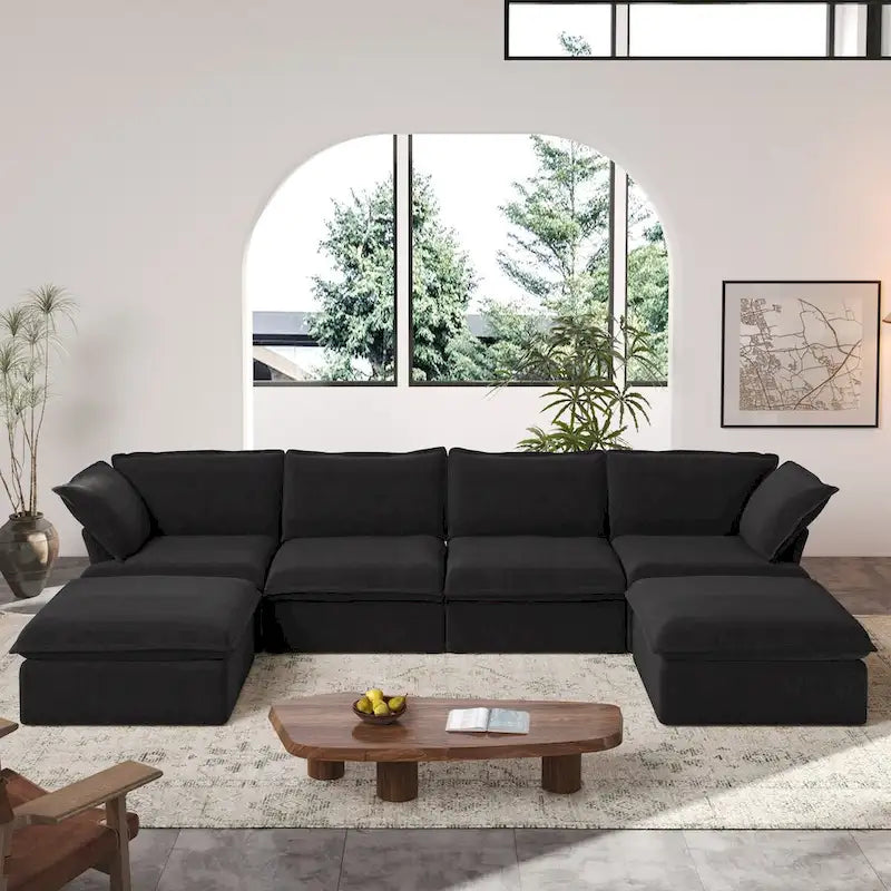 Divano Sezionale Modulare a U Beige / Bianco / Nero, Rivestimento in Lino, 6–8 Posti