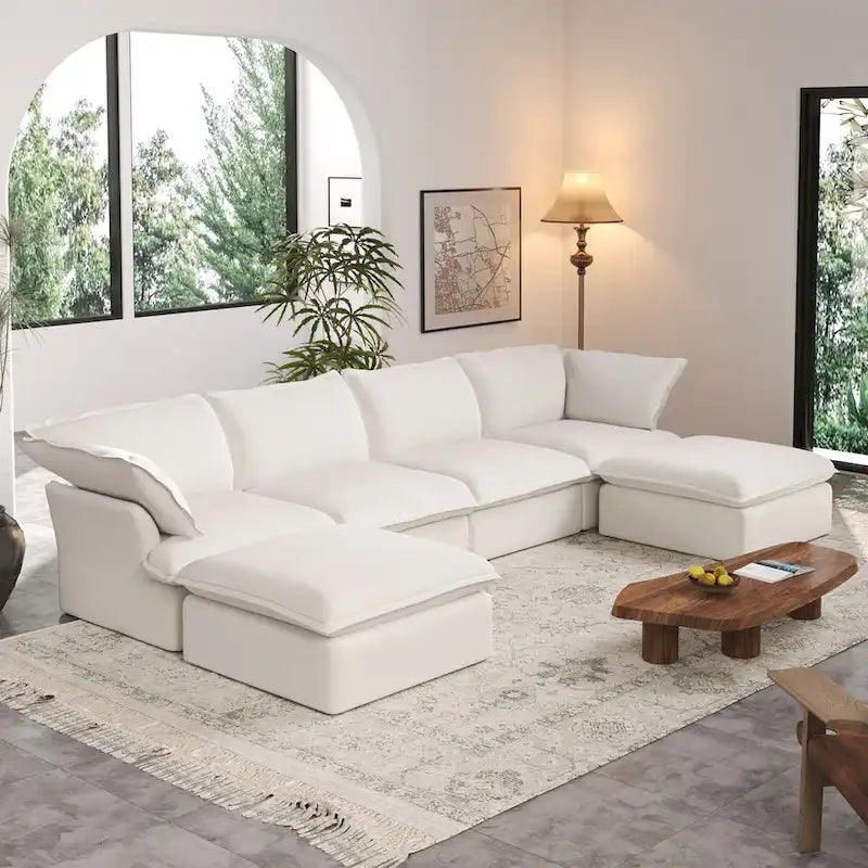 Divano Sezionale Modulare a U Beige / Bianco / Nero, Rivestimento in Lino, 6–8 Posti