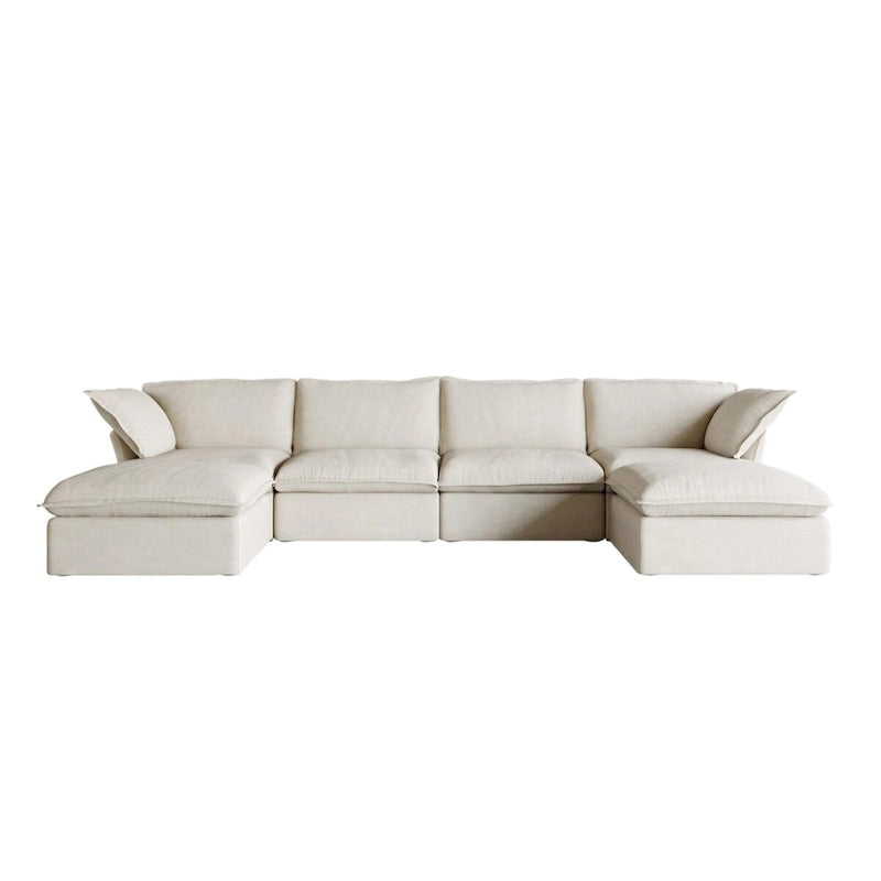 Divano Sezionale Modulare a U Beige / Bianco / Nero, Rivestimento in Lino, 6–8 Posti