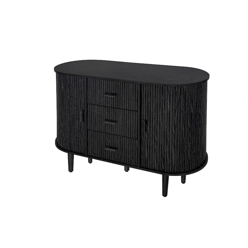 Madia scorrevole in rovere naturale/nero con ante a serrandina e 3 cassetti