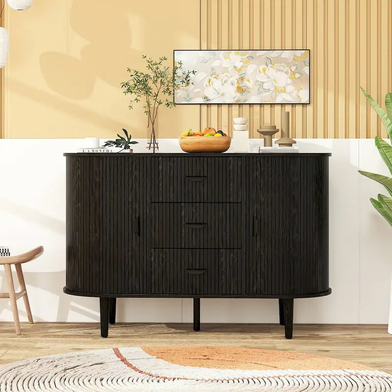Madia scorrevole in rovere naturale/nero con ante a serrandina e 3 cassetti