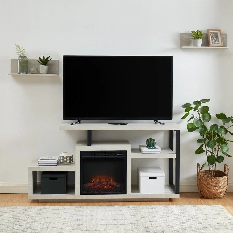 Mobile TV rustico in legno grigio e marrone con camino elettrico, adatto a TV fino a 55"