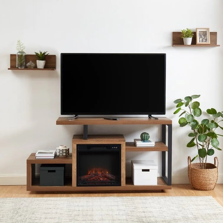 Mobile TV rustico in legno grigio e marrone con camino elettrico, adatto a TV fino a 55"