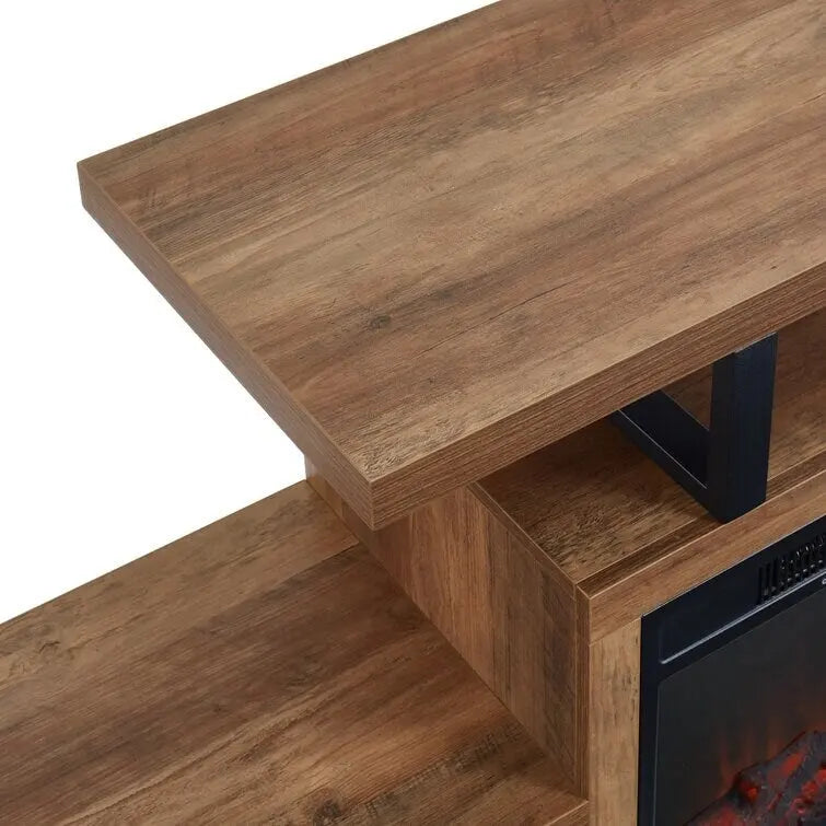 Mobile TV rustico in legno grigio e marrone con camino elettrico, adatto a TV fino a 55"