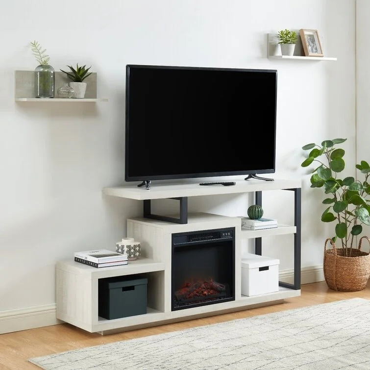 Mobile TV rustico in legno grigio e marrone con camino elettrico, adatto a TV fino a 55"