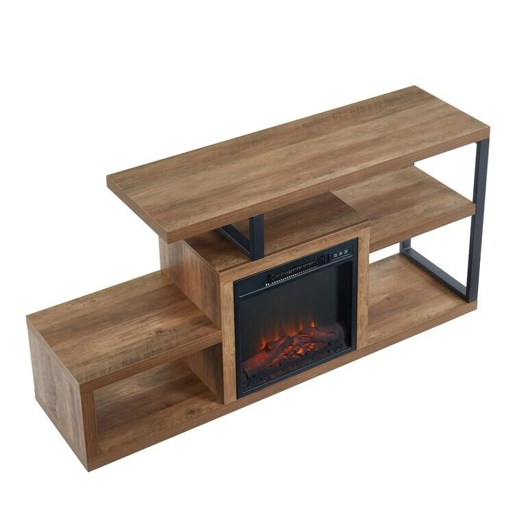 Mobile TV rustico in legno grigio e marrone con camino elettrico, adatto a TV fino a 55"