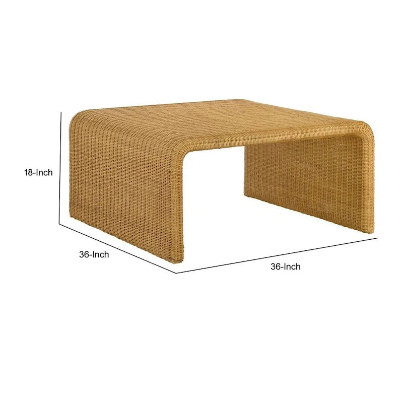Tavolino da caffè quadrato in rattan, marrone, piano in legno, 36" × 36" × 18"